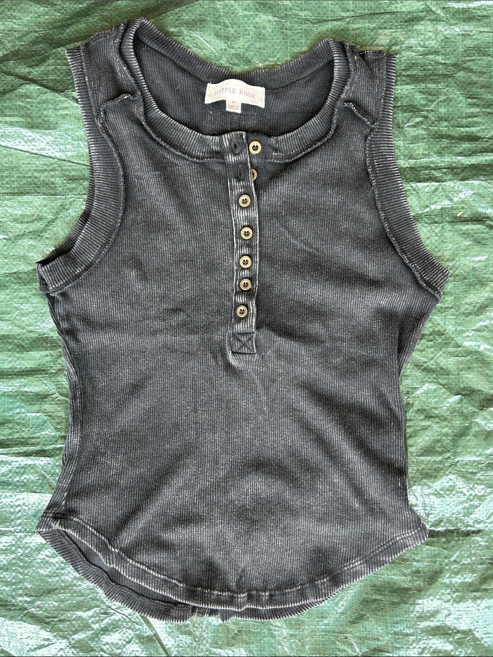 Hippie Rose Charcoal Ribbed Henley Tank with Button Front